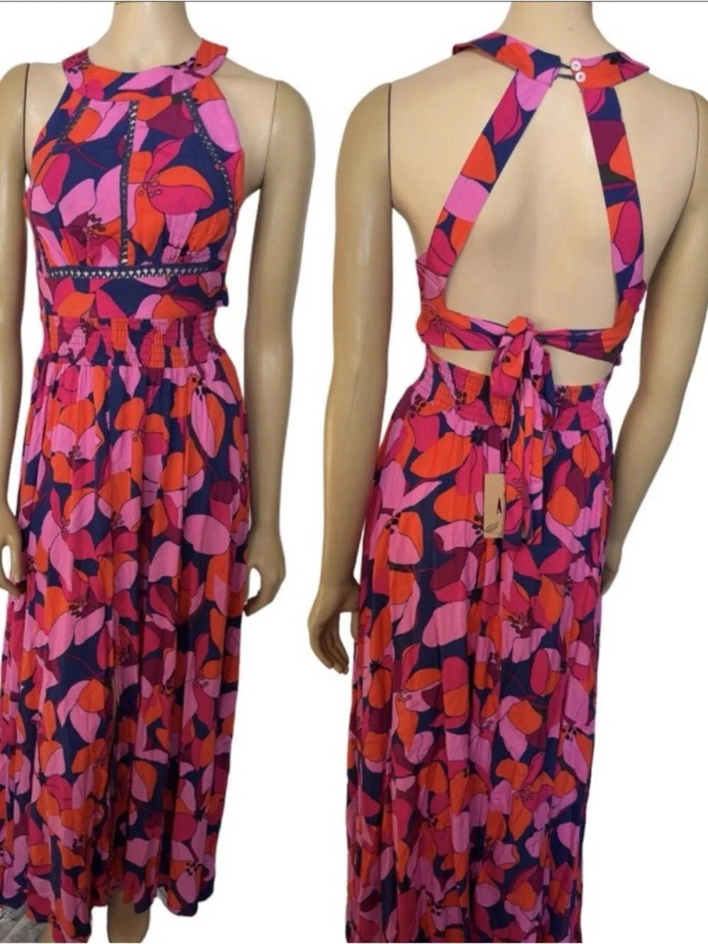 Anthropologie Vibrant Pink & Red Halter Floral-Print Maxi Dress - Picture 2 of 4
